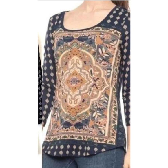 Lucky Brand Tops - Women S Lucky Brand Persian Carpet 3/4 Slv Tee Shirt Top Blue Printed Blouse